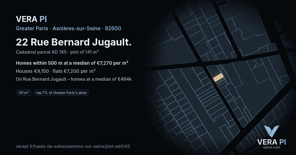 22 Rue Bernard Jugault, Asnières-sur-Seine at night – the plot lit, the parcels around coloured by the prices near them