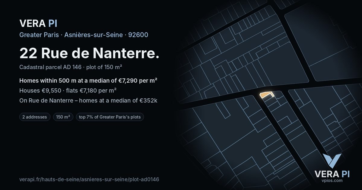 22 Rue de Nanterre, Asnières-sur-Seine at night – the plot lit, the parcels around coloured by the prices near them