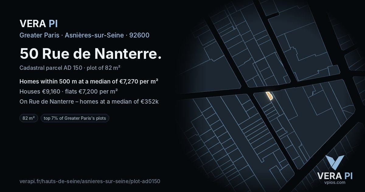 50 Rue de Nanterre, Asnières-sur-Seine at night – the plot lit, the parcels around coloured by the prices near them