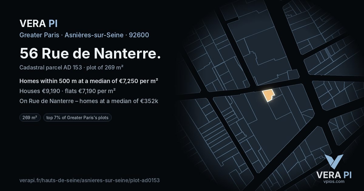 56 Rue de Nanterre, Asnières-sur-Seine at night – the plot lit, the parcels around coloured by the prices near them