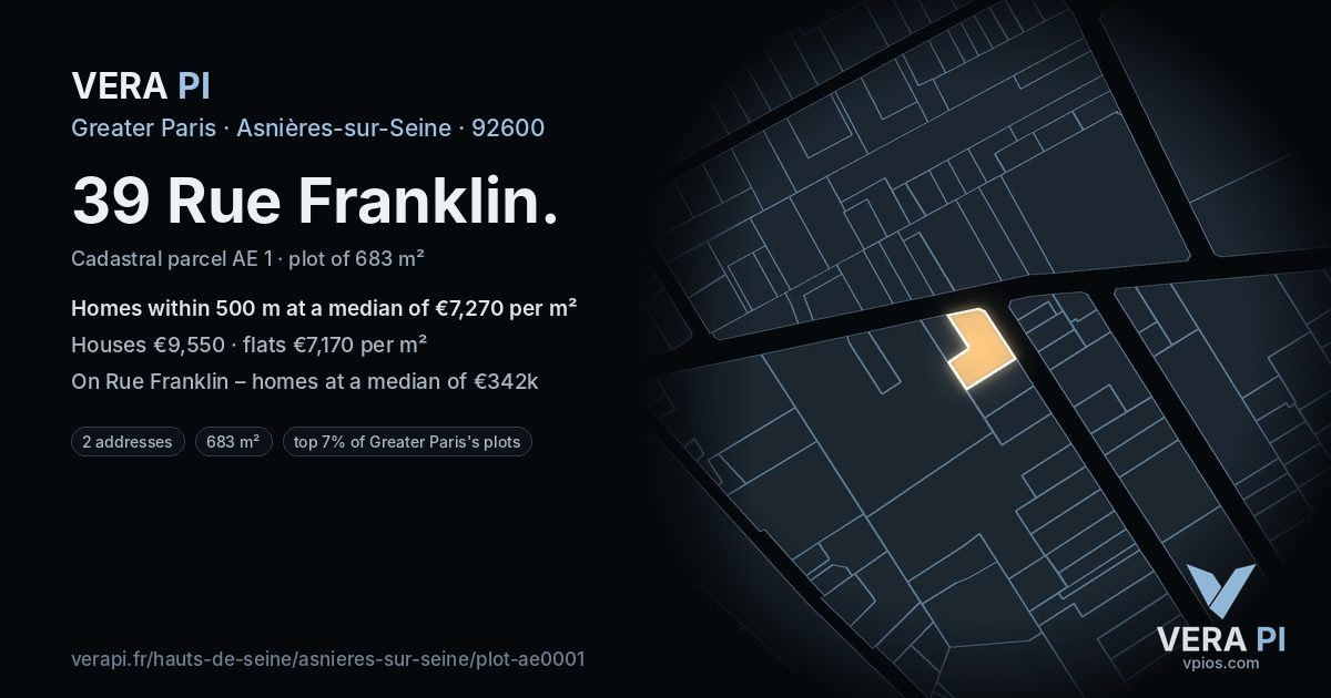 39 Rue Franklin, Asnières-sur-Seine at night – the plot lit, the parcels around coloured by the prices near them