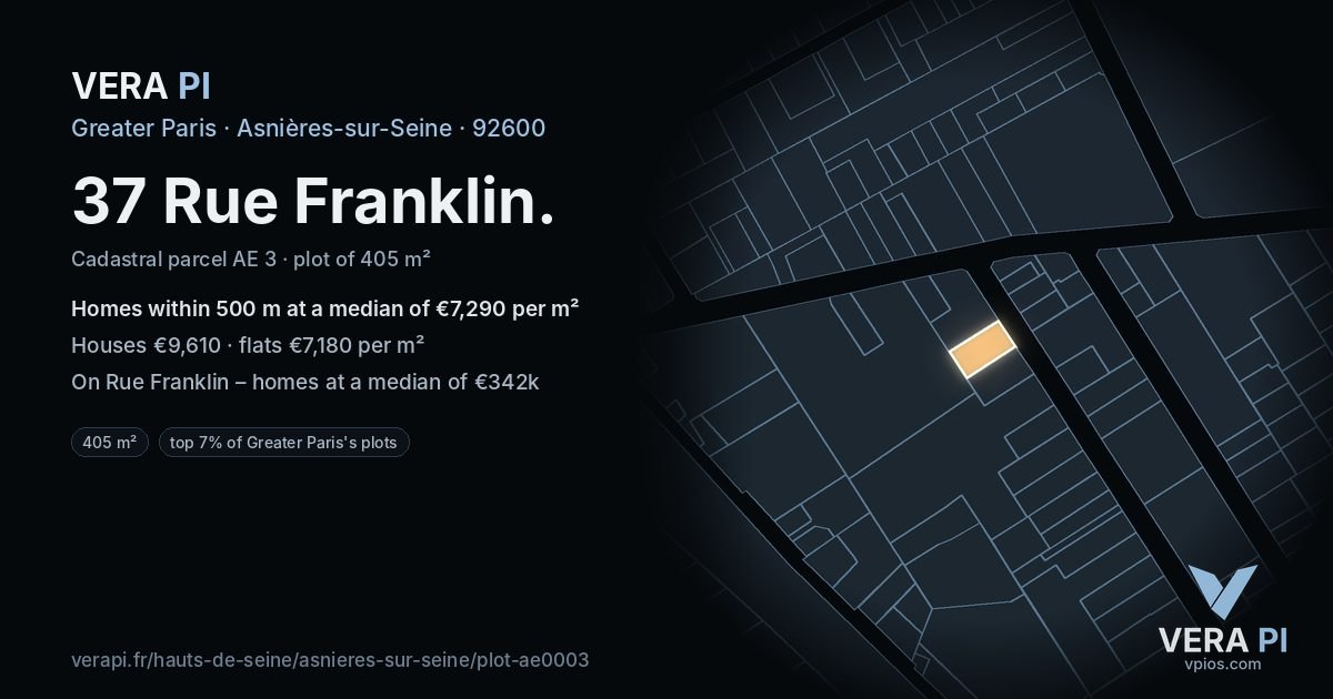 37 Rue Franklin, Asnières-sur-Seine at night – the plot lit, the parcels around coloured by the prices near them