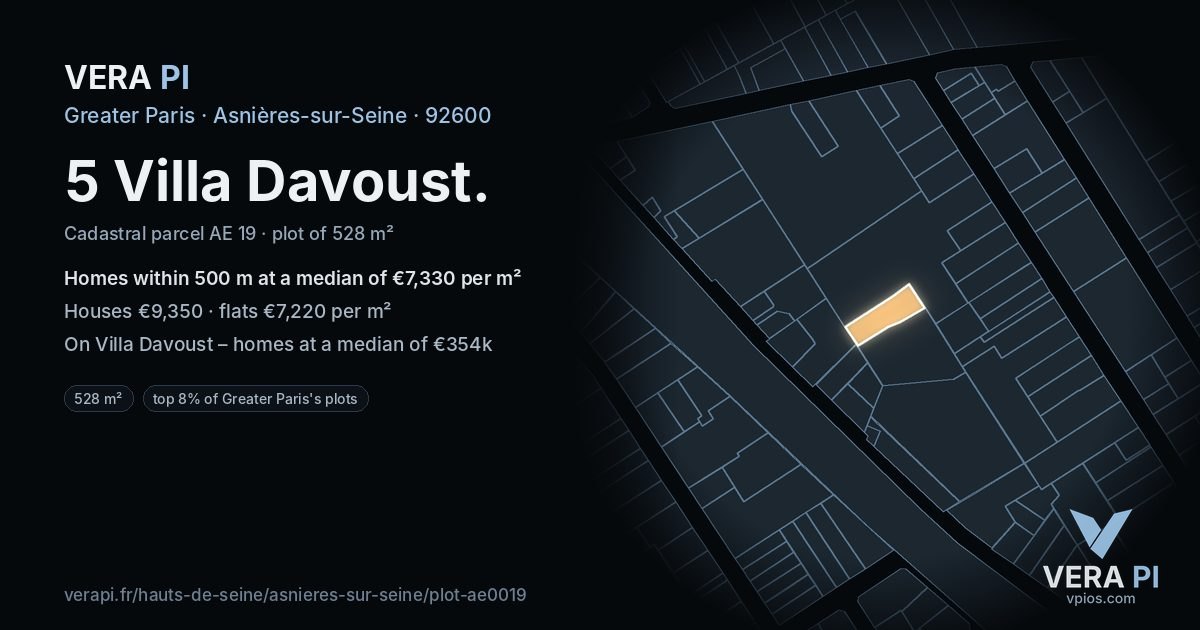 5 Villa Davoust, Asnières-sur-Seine at night – the plot lit, the parcels around coloured by the prices near them