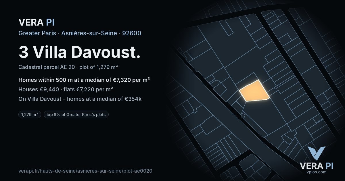 3 Villa Davoust, Asnières-sur-Seine at night – the plot lit, the parcels around coloured by the prices near them