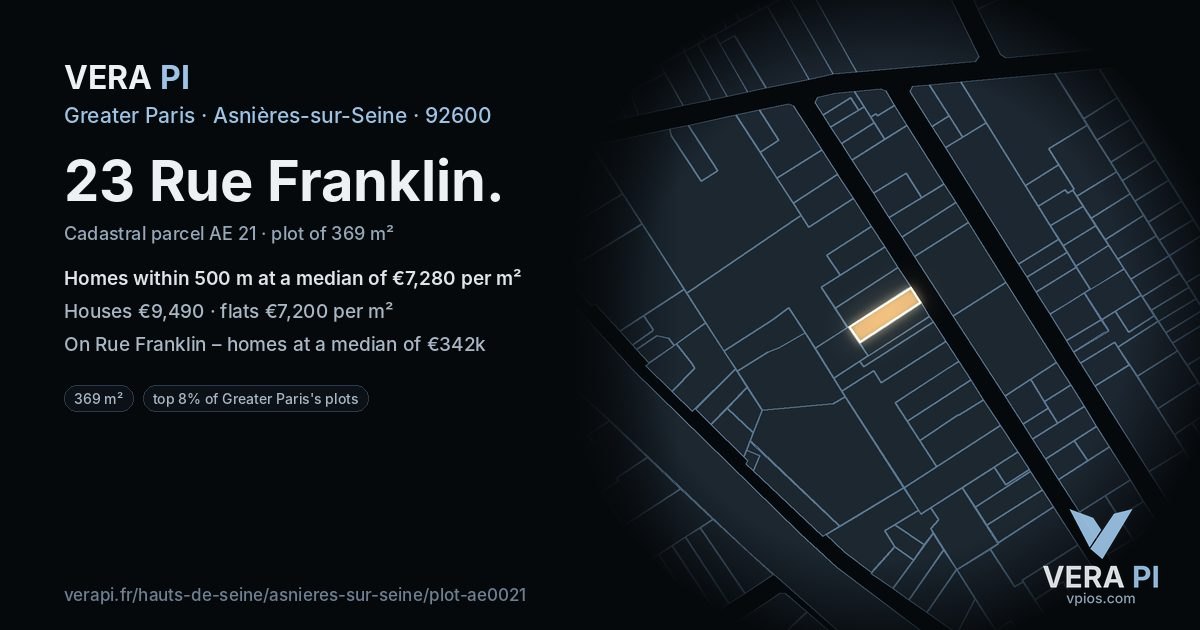 23 Rue Franklin, Asnières-sur-Seine at night – the plot lit, the parcels around coloured by the prices near them