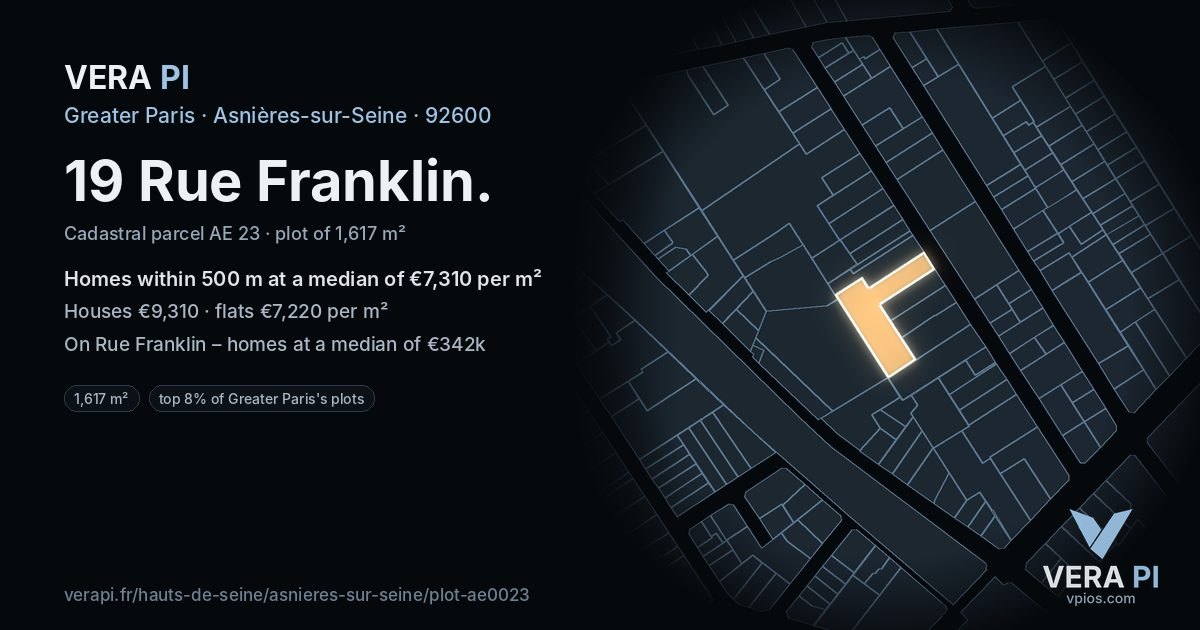 19 Rue Franklin, Asnières-sur-Seine at night – the plot lit, the parcels around coloured by the prices near them