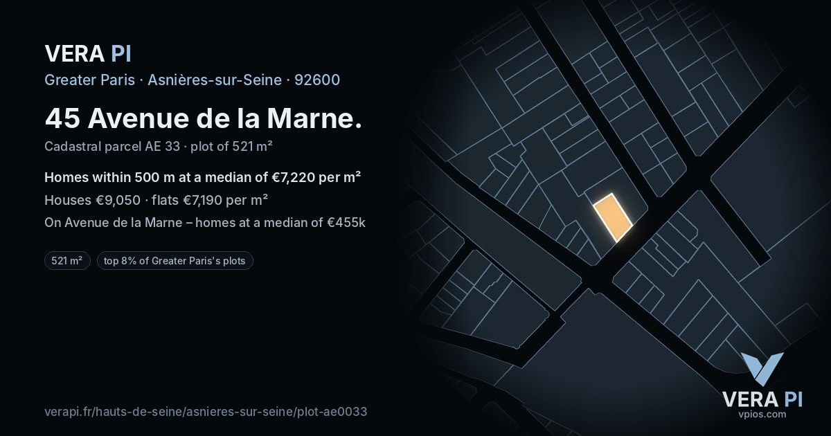 45 Avenue de la Marne, Asnières-sur-Seine at night – the plot lit, the parcels around coloured by the prices near them