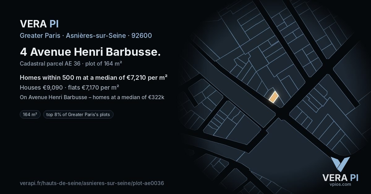 4 Avenue Henri Barbusse, Asnières-sur-Seine at night – the plot lit, the parcels around coloured by the prices near them
