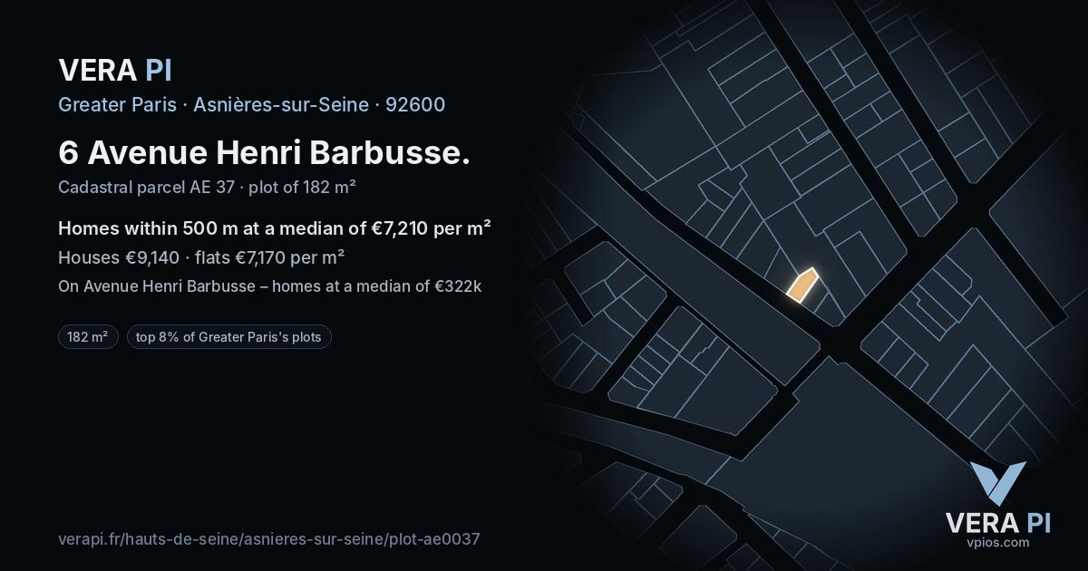 6 Avenue Henri Barbusse, Asnières-sur-Seine at night – the plot lit, the parcels around coloured by the prices near them