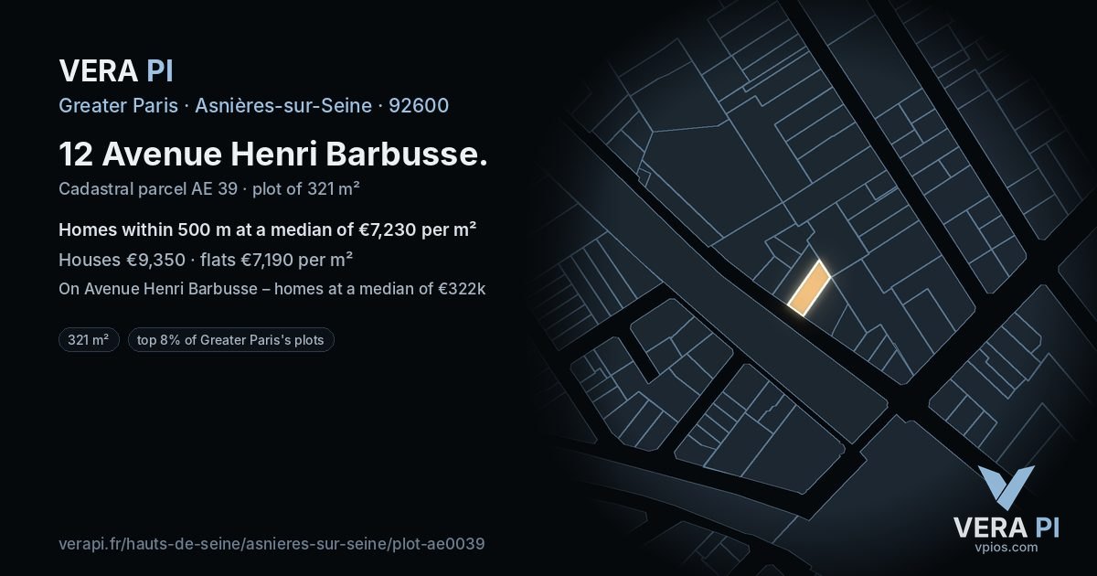 12 Avenue Henri Barbusse, Asnières-sur-Seine at night – the plot lit, the parcels around coloured by the prices near them