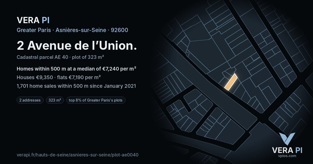2 Avenue de l’Union, Asnières-sur-Seine at night – the plot lit, the parcels around coloured by the prices near them