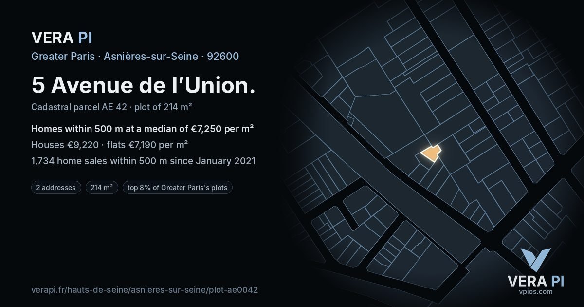 5 Avenue de l’Union, Asnières-sur-Seine at night – the plot lit, the parcels around coloured by the prices near them
