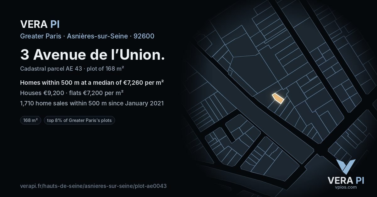 3 Avenue de l’Union, Asnières-sur-Seine at night – the plot lit, the parcels around coloured by the prices near them