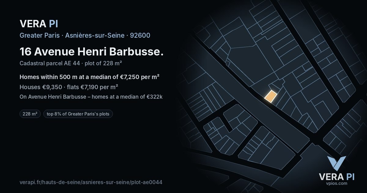 16 Avenue Henri Barbusse, Asnières-sur-Seine at night – the plot lit, the parcels around coloured by the prices near them