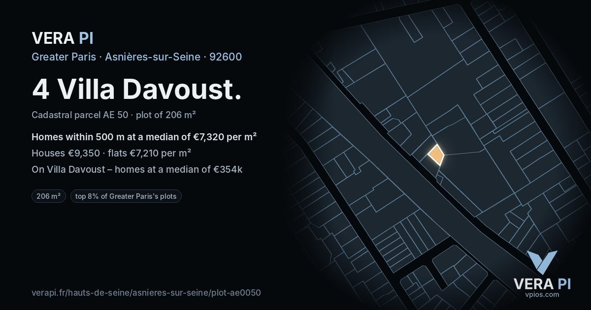 4 Villa Davoust, Asnières-sur-Seine at night – the plot lit, the parcels around coloured by the prices near them