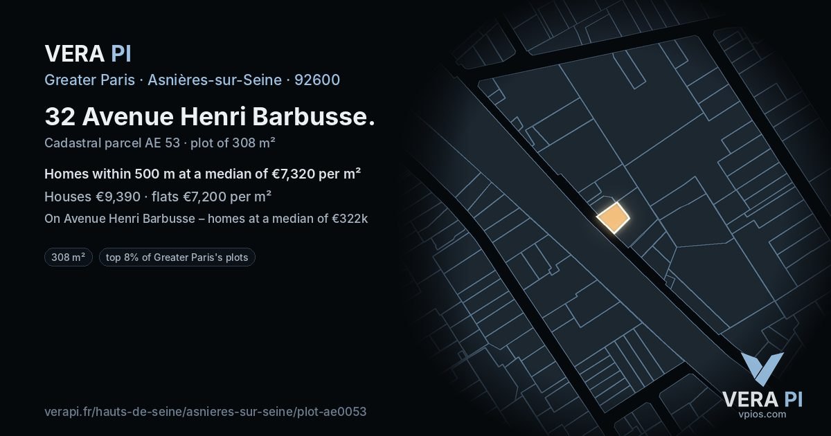32 Avenue Henri Barbusse, Asnières-sur-Seine at night – the plot lit, the parcels around coloured by the prices near them