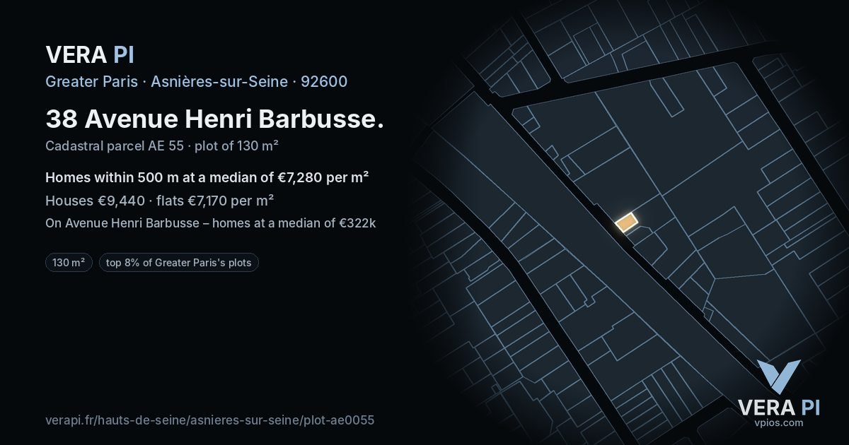 38 Avenue Henri Barbusse, Asnières-sur-Seine at night – the plot lit, the parcels around coloured by the prices near them