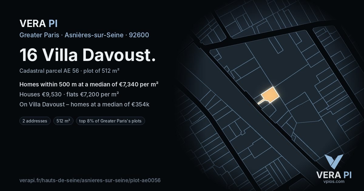 16 Villa Davoust, Asnières-sur-Seine at night – the plot lit, the parcels around coloured by the prices near them