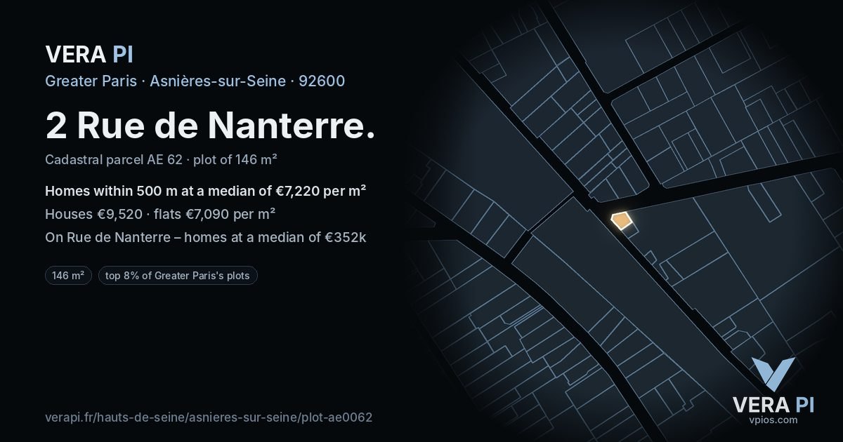 2 Rue de Nanterre, Asnières-sur-Seine at night – the plot lit, the parcels around coloured by the prices near them