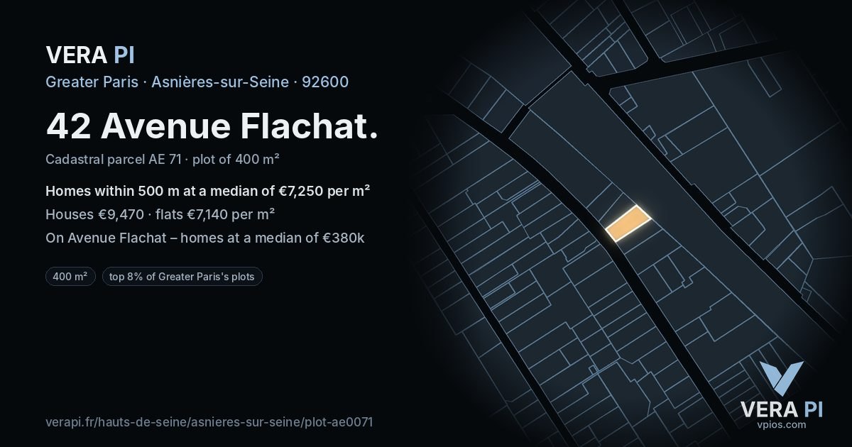 42 Avenue Flachat, Asnières-sur-Seine at night – the plot lit, the parcels around coloured by the prices near them
