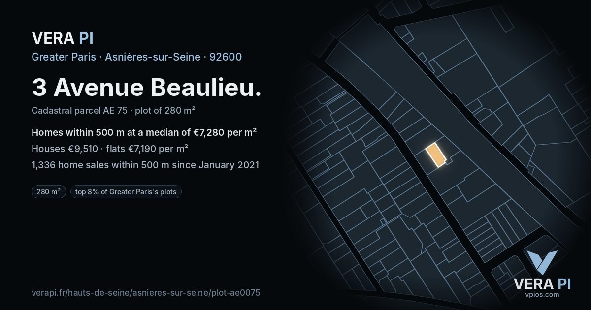 3 Avenue Beaulieu, Asnières-sur-Seine at night – the plot lit, the parcels around coloured by the prices near them