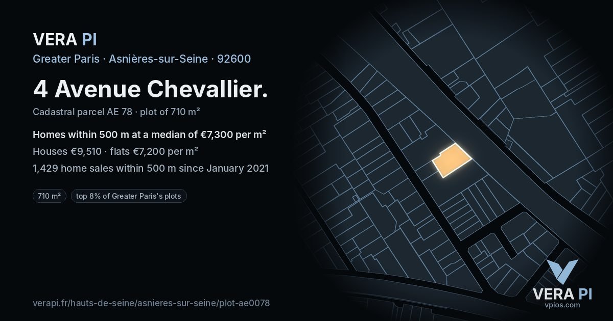 4 Avenue Chevallier, Asnières-sur-Seine at night – the plot lit, the parcels around coloured by the prices near them