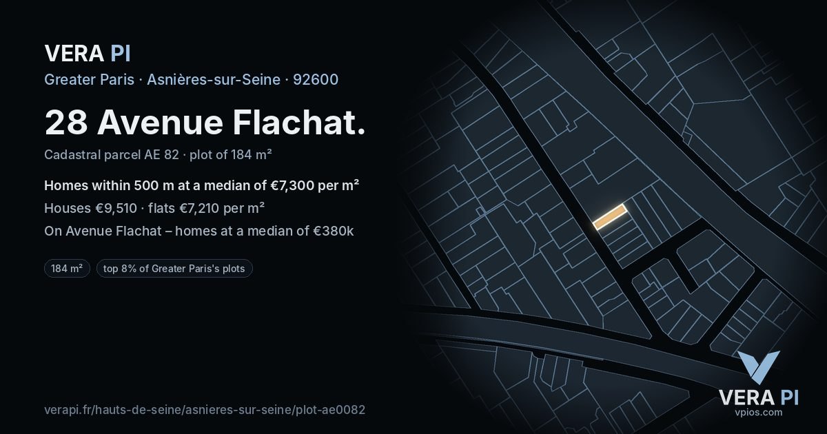 28 Avenue Flachat, Asnières-sur-Seine at night – the plot lit, the parcels around coloured by the prices near them