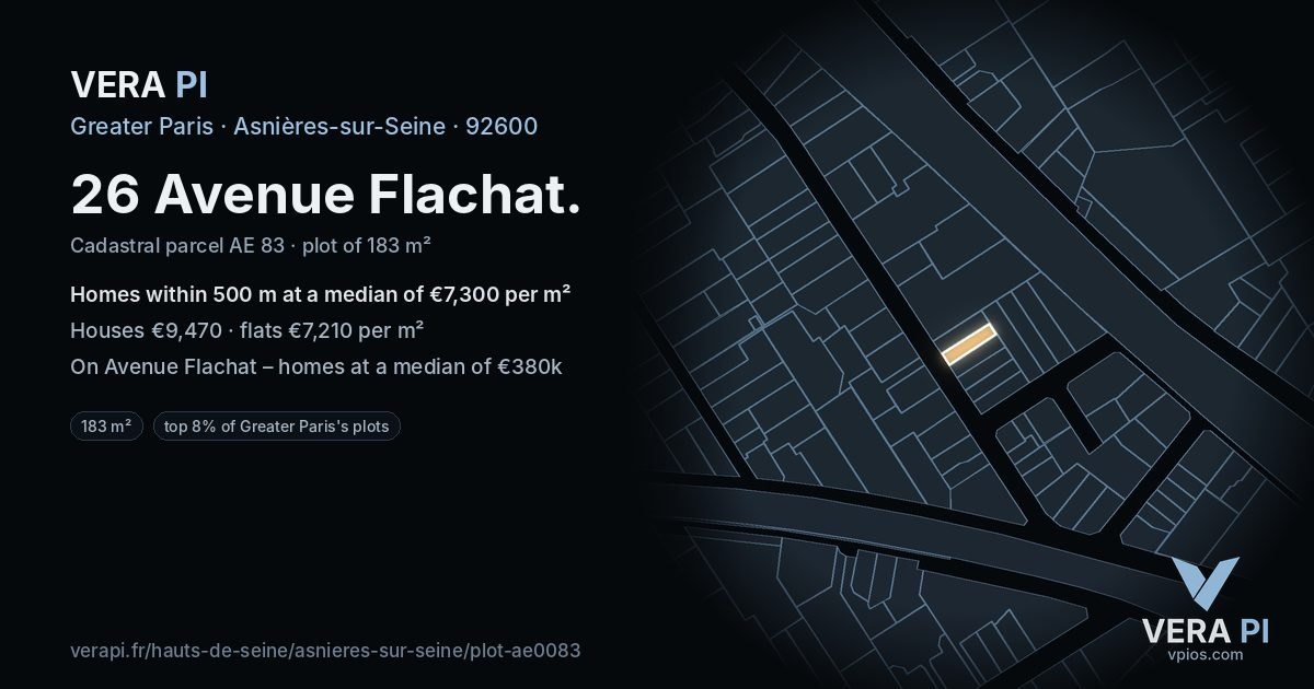 26 Avenue Flachat, Asnières-sur-Seine at night – the plot lit, the parcels around coloured by the prices near them