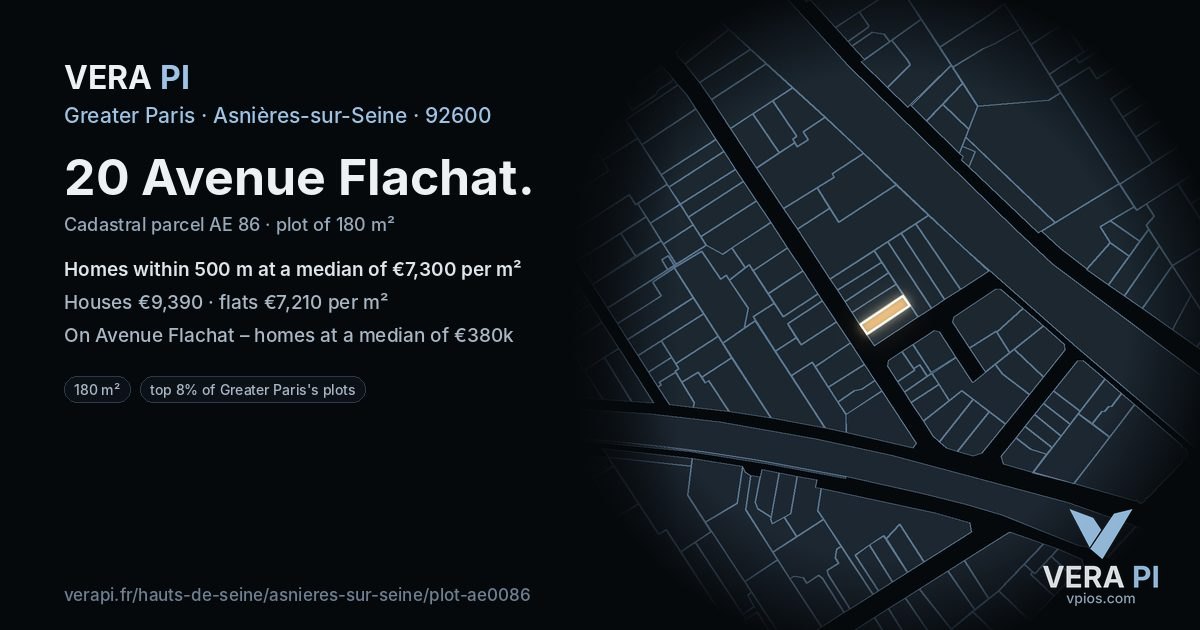 20 Avenue Flachat, Asnières-sur-Seine at night – the plot lit, the parcels around coloured by the prices near them