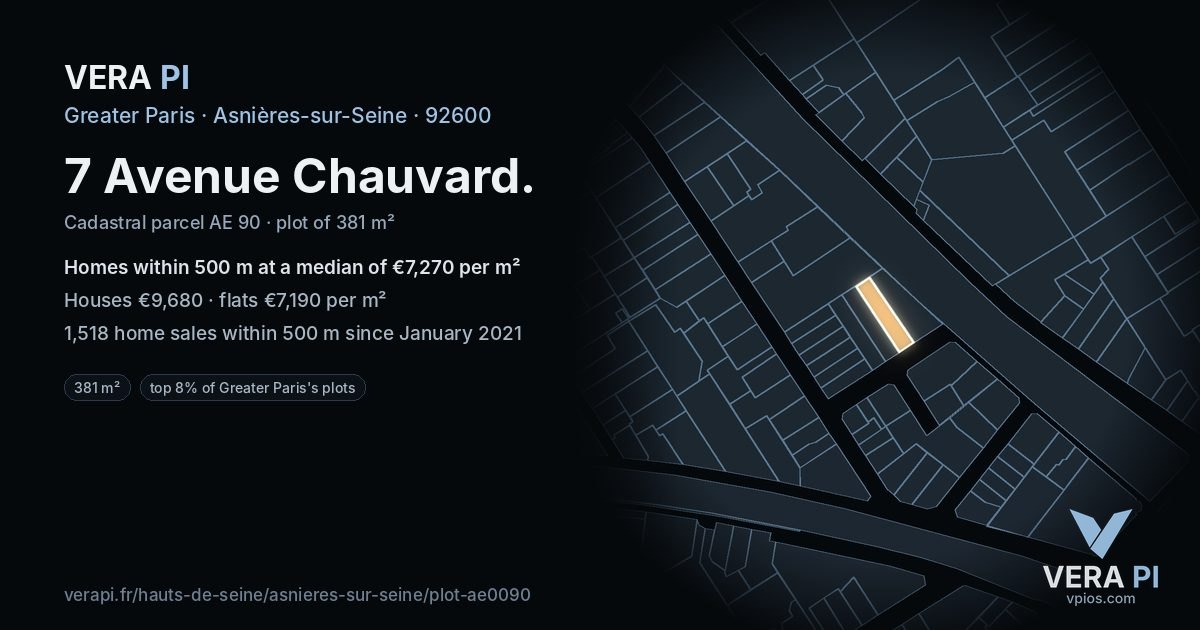 7 Avenue Chauvard, Asnières-sur-Seine at night – the plot lit, the parcels around coloured by the prices near them