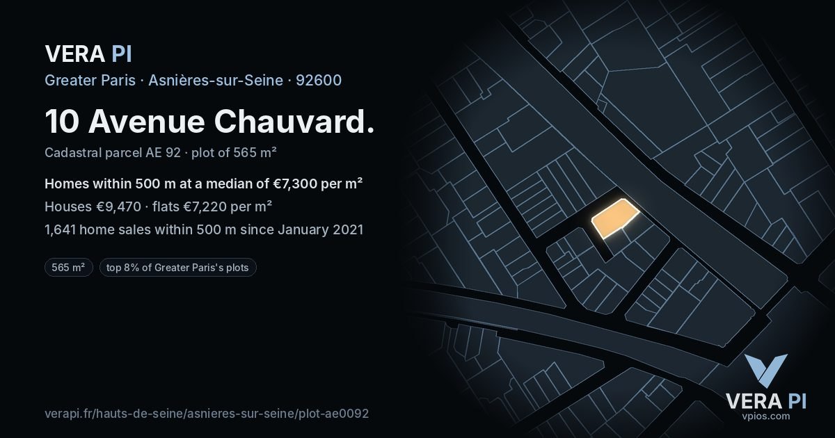 10 Avenue Chauvard, Asnières-sur-Seine at night – the plot lit, the parcels around coloured by the prices near them