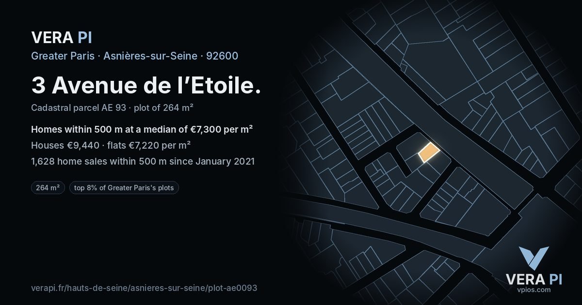 3 Avenue de l’Etoile, Asnières-sur-Seine at night – the plot lit, the parcels around coloured by the prices near them