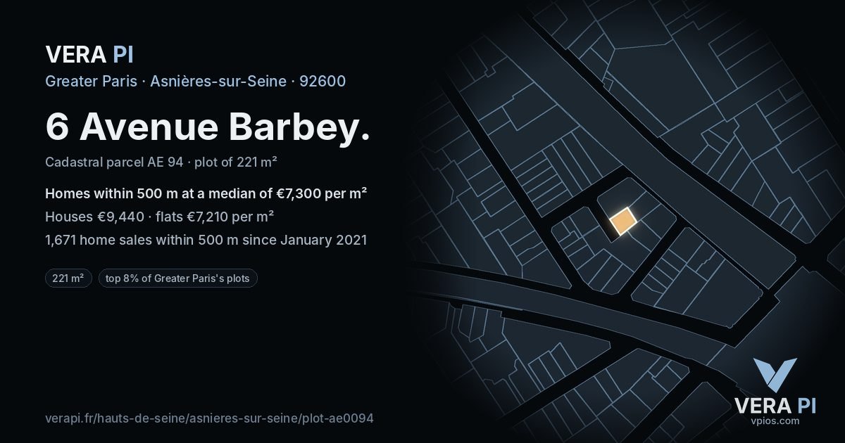 6 Avenue Barbey, Asnières-sur-Seine at night – the plot lit, the parcels around coloured by the prices near them