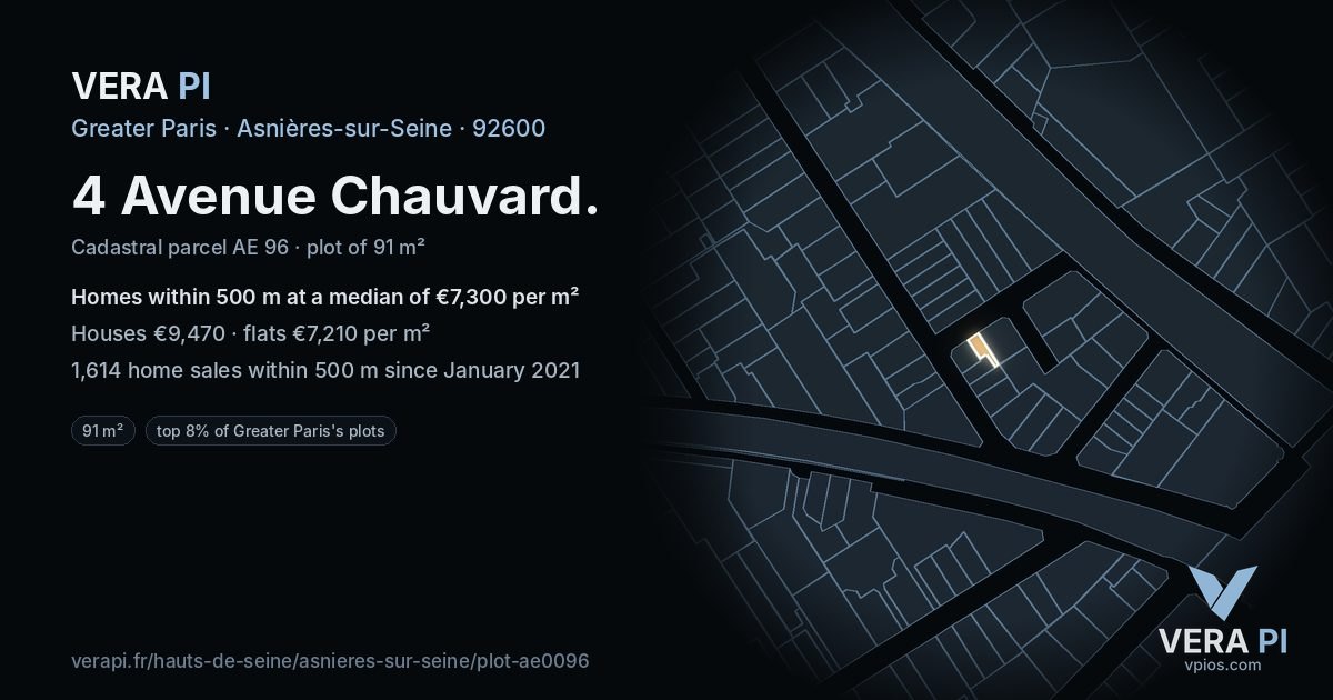 4 Avenue Chauvard, Asnières-sur-Seine at night – the plot lit, the parcels around coloured by the prices near them