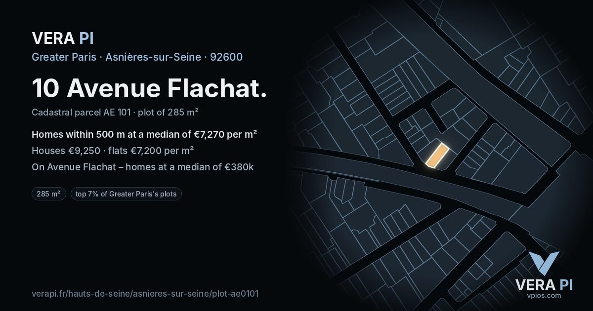 10 Avenue Flachat, Asnières-sur-Seine at night – the plot lit, the parcels around coloured by the prices near them