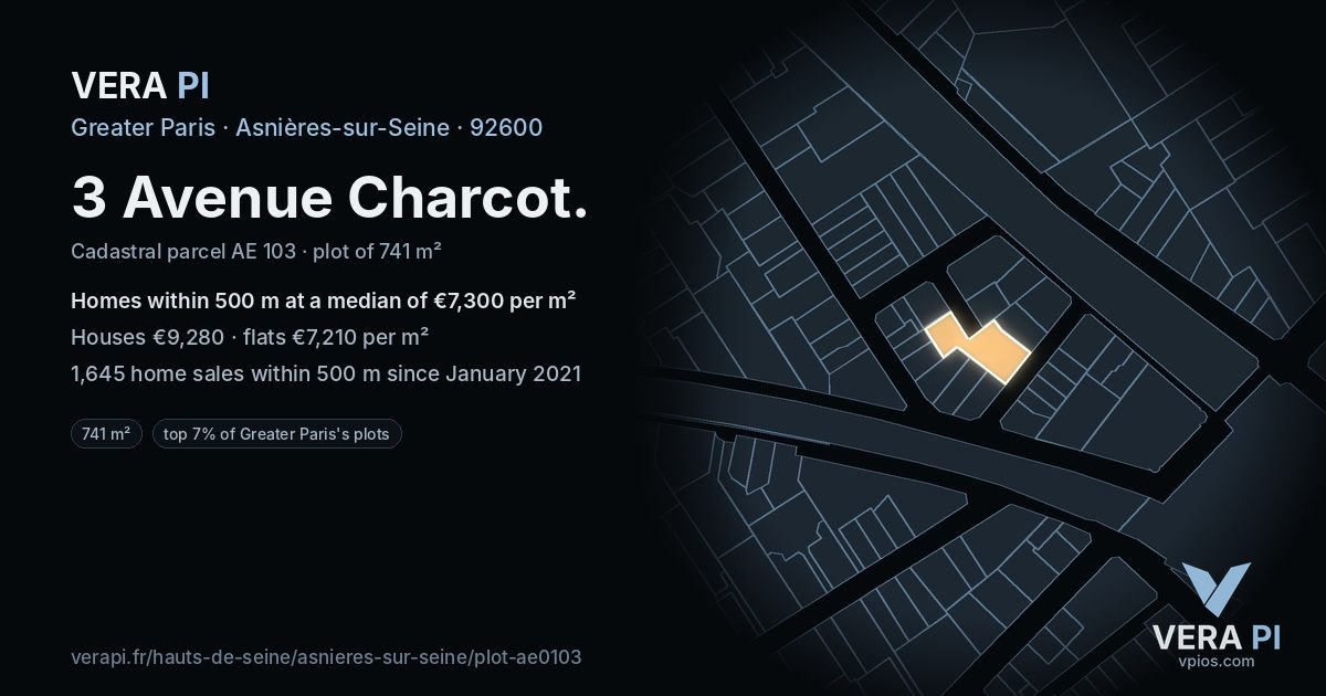 3 Avenue Charcot, Asnières-sur-Seine at night – the plot lit, the parcels around coloured by the prices near them
