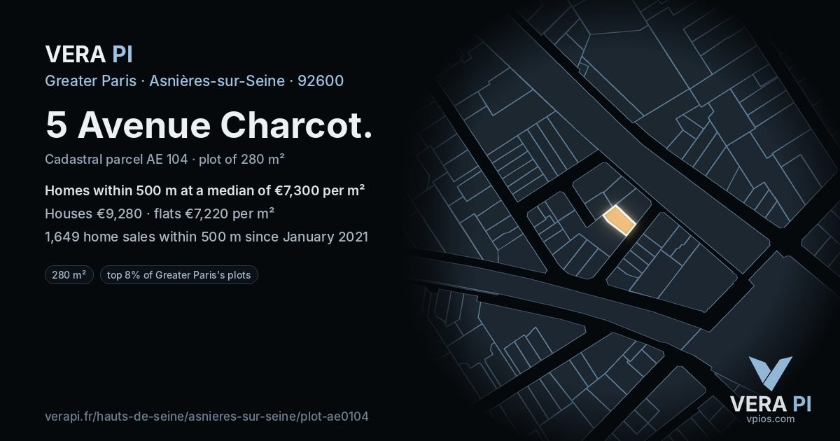 5 Avenue Charcot, Asnières-sur-Seine at night – the plot lit, the parcels around coloured by the prices near them