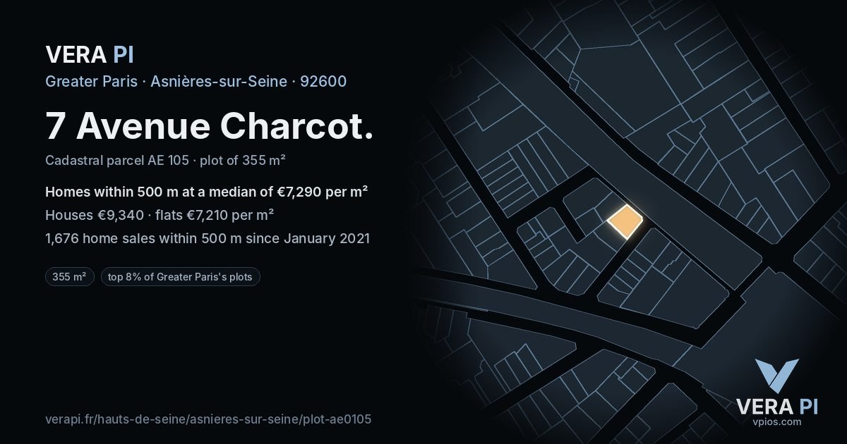 7 Avenue Charcot, Asnières-sur-Seine at night – the plot lit, the parcels around coloured by the prices near them