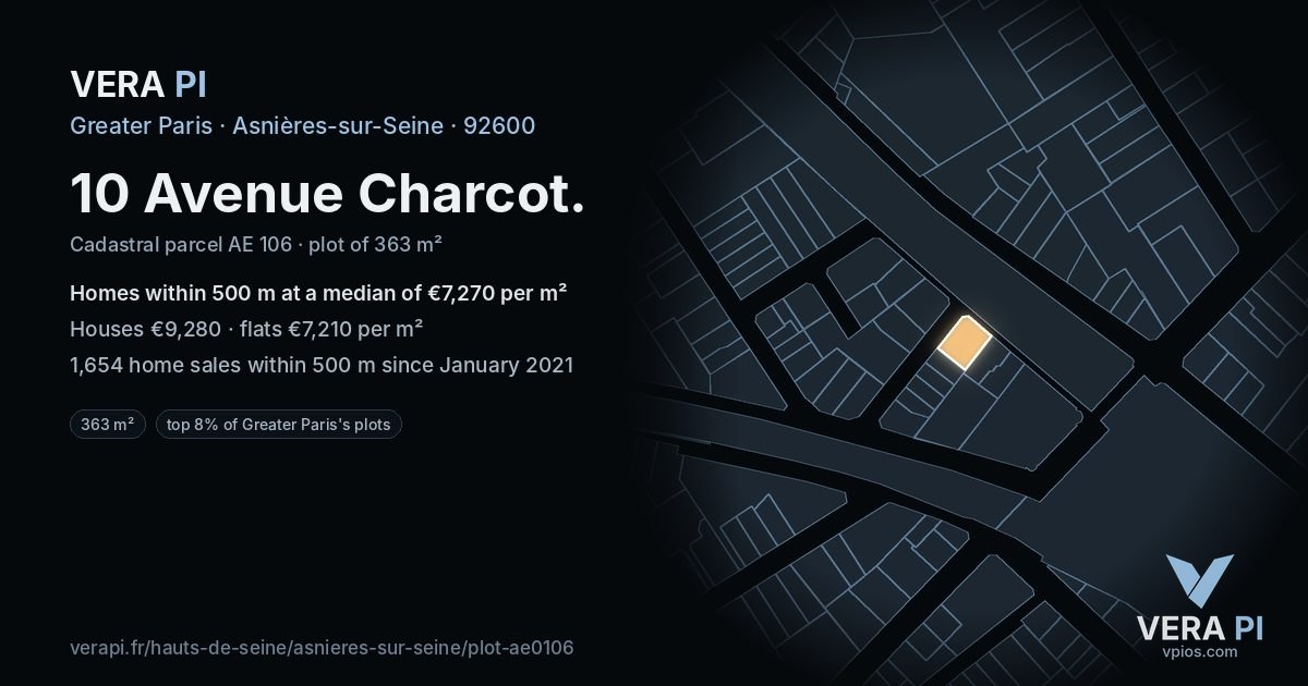 10 Avenue Charcot, Asnières-sur-Seine at night – the plot lit, the parcels around coloured by the prices near them