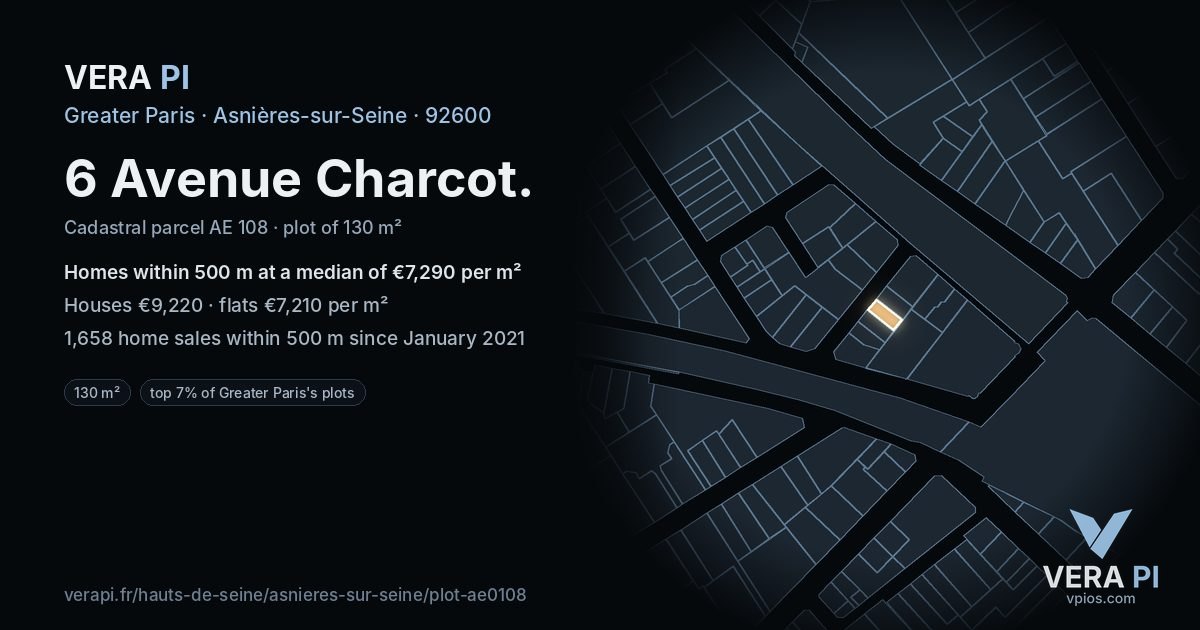 6 Avenue Charcot, Asnières-sur-Seine at night – the plot lit, the parcels around coloured by the prices near them