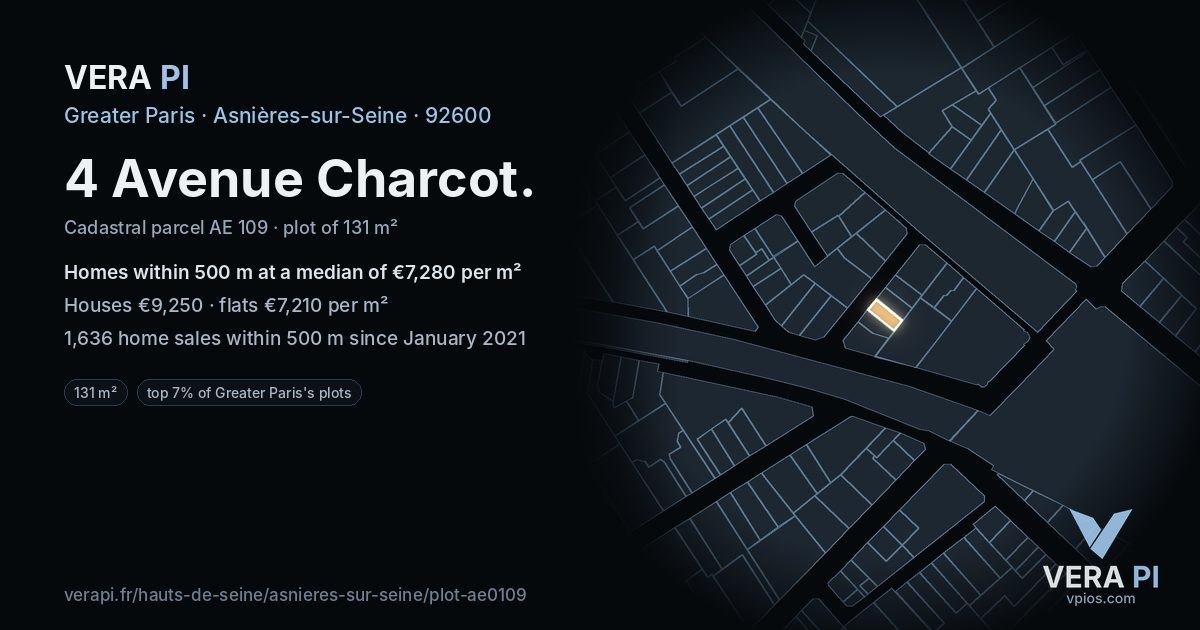 4 Avenue Charcot, Asnières-sur-Seine at night – the plot lit, the parcels around coloured by the prices near them