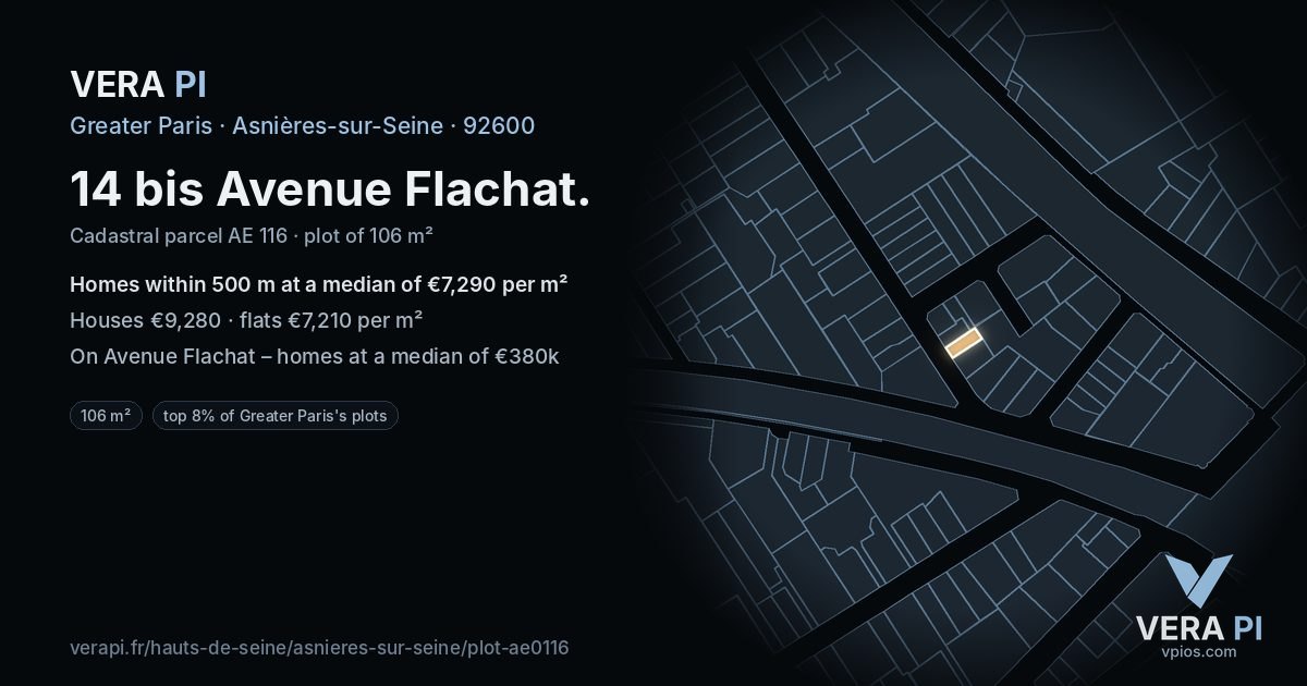 14 bis Avenue Flachat, Asnières-sur-Seine at night – the plot lit, the parcels around coloured by the prices near them