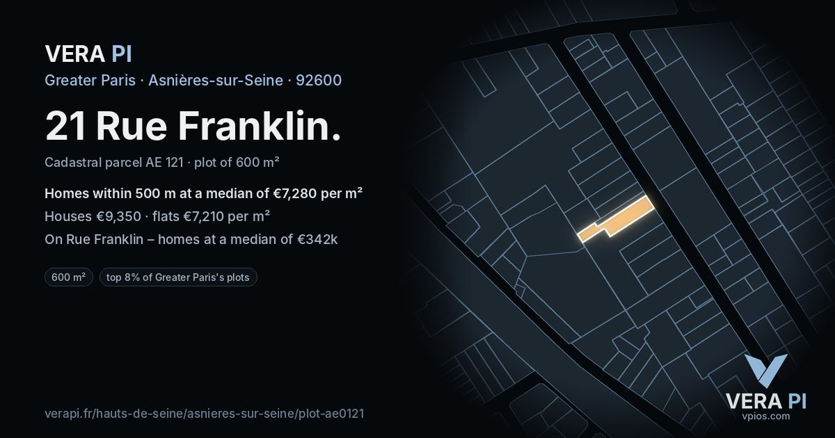 21 Rue Franklin, Asnières-sur-Seine at night – the plot lit, the parcels around coloured by the prices near them