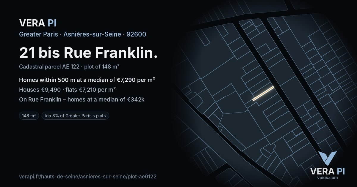 21 bis Rue Franklin, Asnières-sur-Seine at night – the plot lit, the parcels around coloured by the prices near them