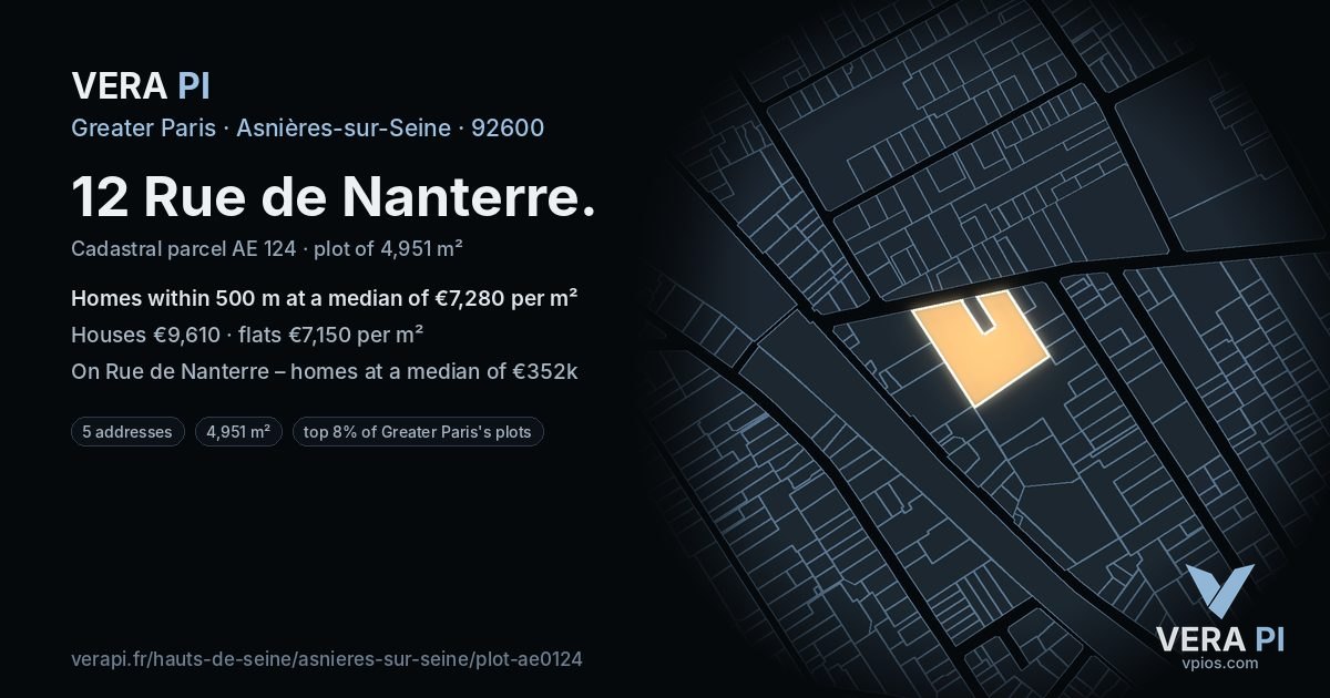 12 Rue de Nanterre, Asnières-sur-Seine at night – the plot lit, the parcels around coloured by the prices near them