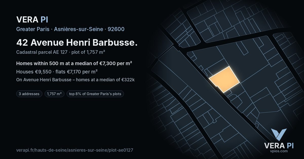 42 Avenue Henri Barbusse, Asnières-sur-Seine at night – the plot lit, the parcels around coloured by the prices near them
