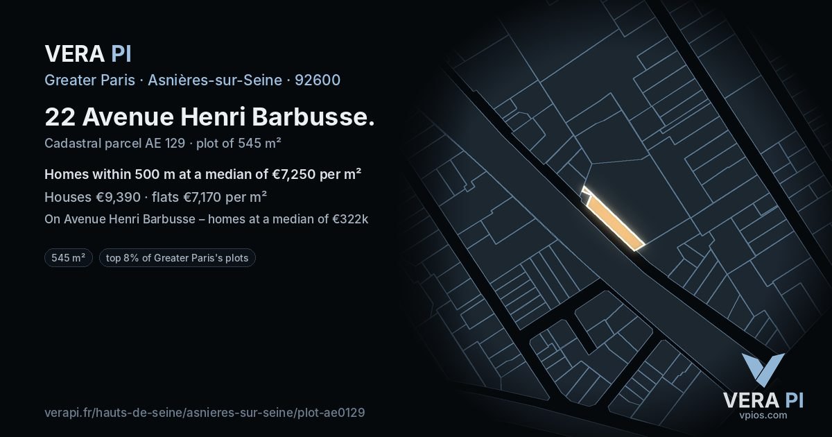 22 Avenue Henri Barbusse, Asnières-sur-Seine at night – the plot lit, the parcels around coloured by the prices near them