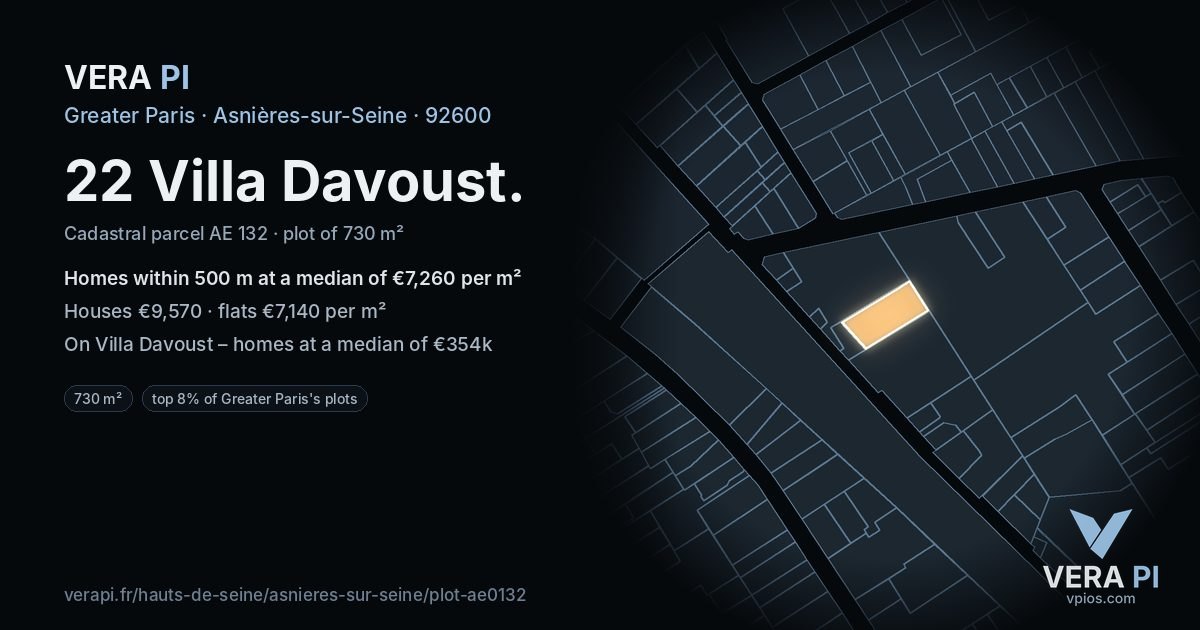 22 Villa Davoust, Asnières-sur-Seine at night – the plot lit, the parcels around coloured by the prices near them