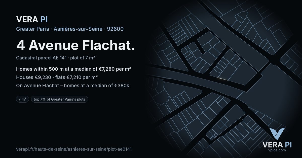 4 Avenue Flachat, Asnières-sur-Seine at night – the plot lit, the parcels around coloured by the prices near them