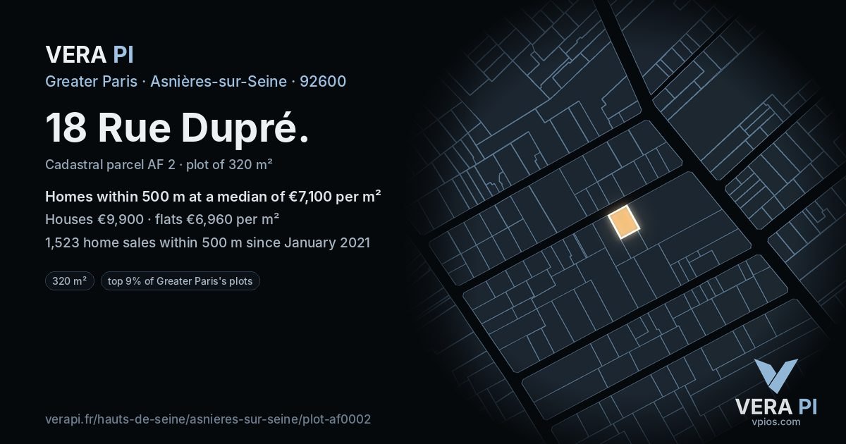 18 Rue Dupré, Asnières-sur-Seine at night – the plot lit, the parcels around coloured by the prices near them